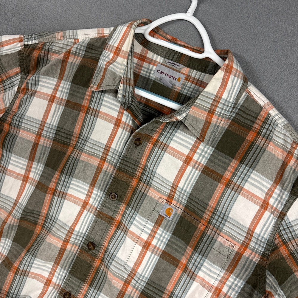 Carhartt Shirt Mens 2XL XXL Green Orange Plaid Relaxed Fit Short Sleeve Button